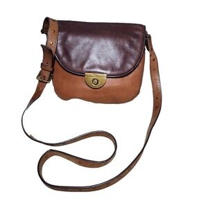 Womens FOSSIL Emi Leather Saddle Handbag Two-toned Brown Purse Bag Crossbody